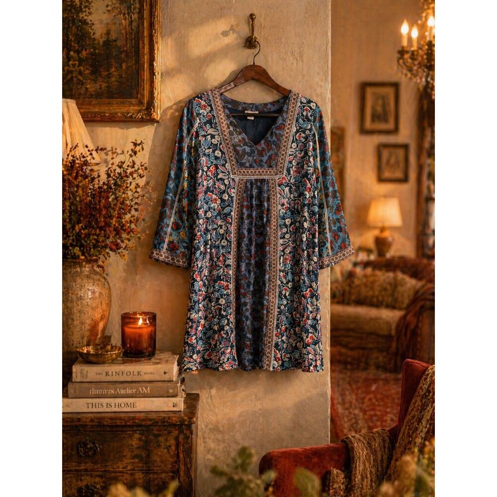 Sundance Blue Floral Boho Dress 3/4 Sleeve V-Neck Mini Tunic Romantic Festival